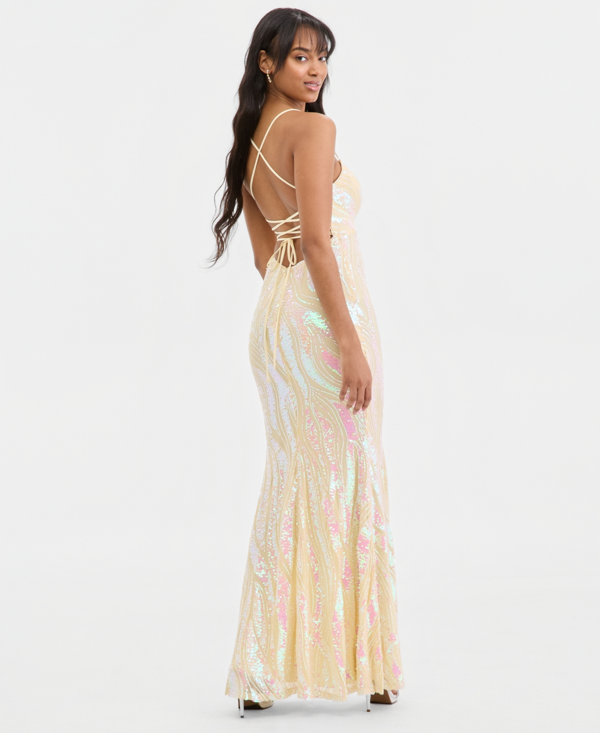 City Studios Juniors' Sequined Lace-Up Gown