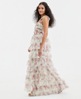 Juniors' Tiered Glitter-Mesh Gown