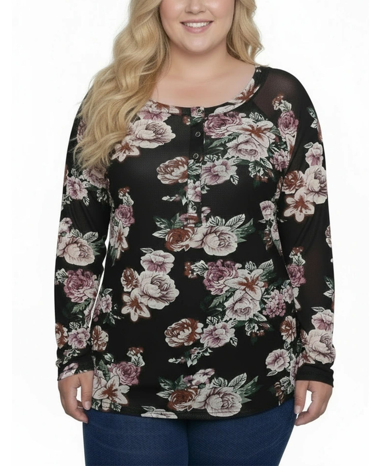 Plus Size Long Raglan Sleeve Mesh Top