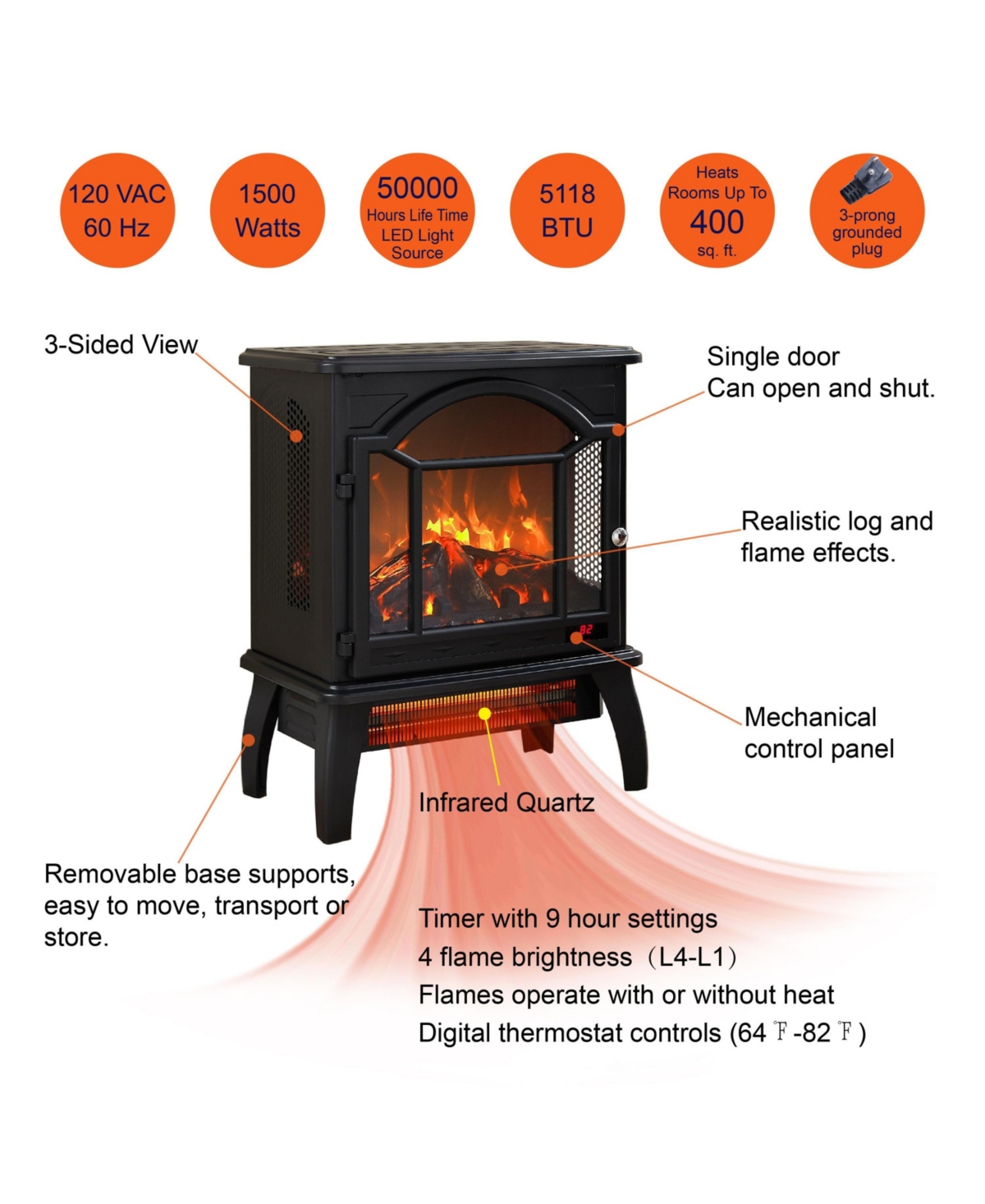 Flynama 18 inch 3D Flame Electric Infrared Quartz Fireplace Stove with remote control