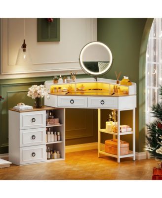 Corner Vanity Desk – Mirror with 3-Color LED Lights and Built-In Charging Station