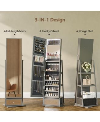 Jewelry freestanding storage mirror cabinet with storage shelves, built-in lights, and rotating feature.