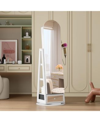 360&deg; Rotating Jewelry Cabinet with LED Lighting & Lockable Full-Length Mirror