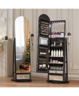 360&deg; Swivel Jewelry Armoire with LED Lights & Lockable Mirror