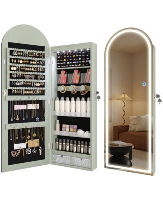 Arched LED Jewelry Cabinet, Full-Length Lighted Mirror with Storage