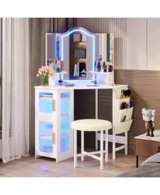 Tri-color Light Corner Vanity Desk with Mirror