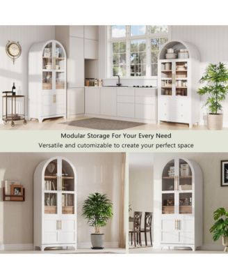 71" Tall Arched Kitchen Pantry Cabinet with Door Shelves, Farmhouse Kitchen Storage Cabinet with Open & Adjustable Shelves