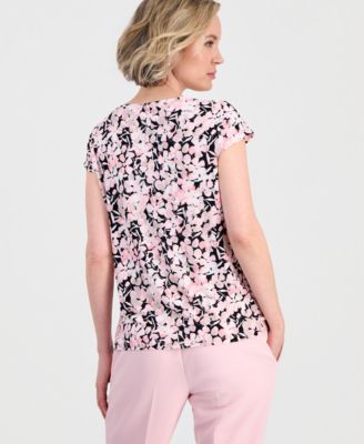 Women's Floral Pleat-Front Cap-Sleeve Top
