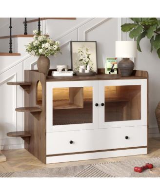 Cat Litter Box Cabinet with Drawer and Stairs Brown White