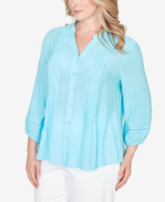 Plus Size Solid Silky Slub Pleated Button Front Top