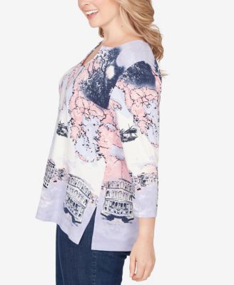 Plus Size Mediterranean Scenic Print Cotton Top