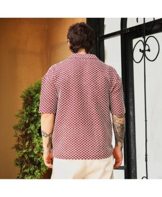 Men's Crimson Red Geometric-Crochet Cuban Oversized Shirt
