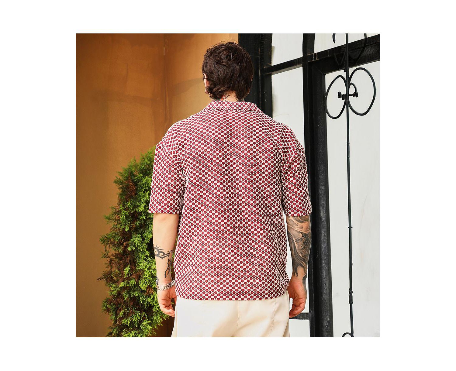 Men's Crimson Red Geometric-Crochet Cuban Oversized Shirt