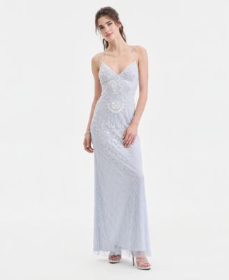 Juniors' Beaded-Mesh Evening Gown