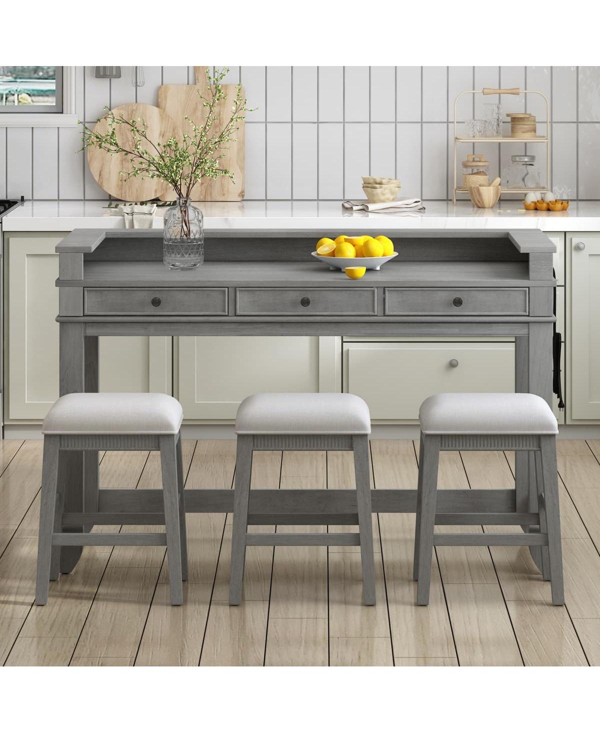 Maison Boucle 4-Piece Counter Height Dining Set with 3 Upholstered Stools, Storage Drawers & Usb Charging for Small Spaces