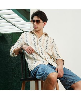 Men's Off White Zigzag Pattern Full Sleeve Cotton Blend Shirt