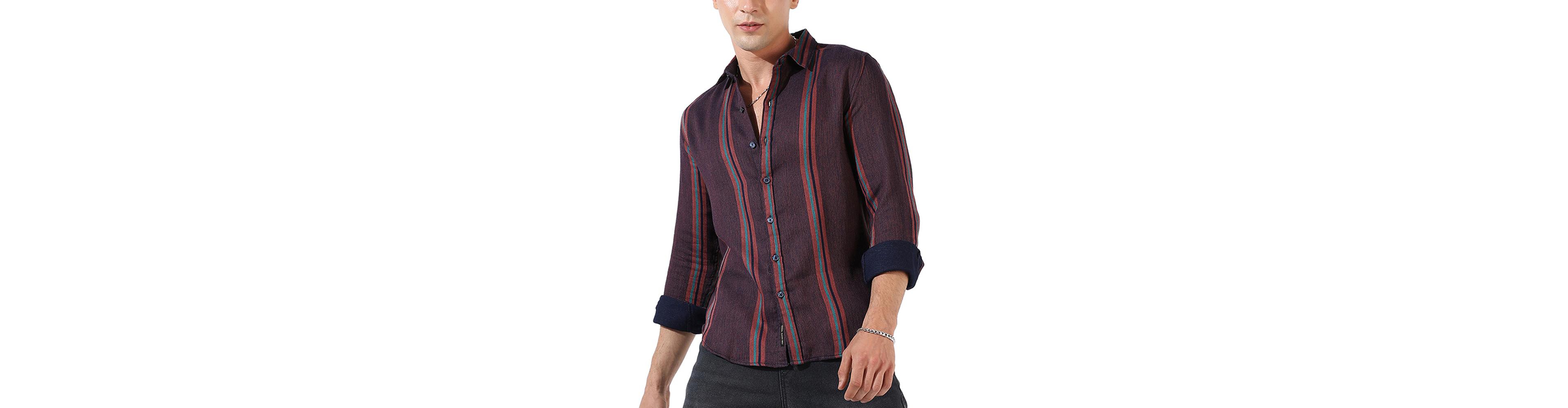 Cahoot Men's Campus Sutra Maroon Striped Regular Fit Casual Shirt