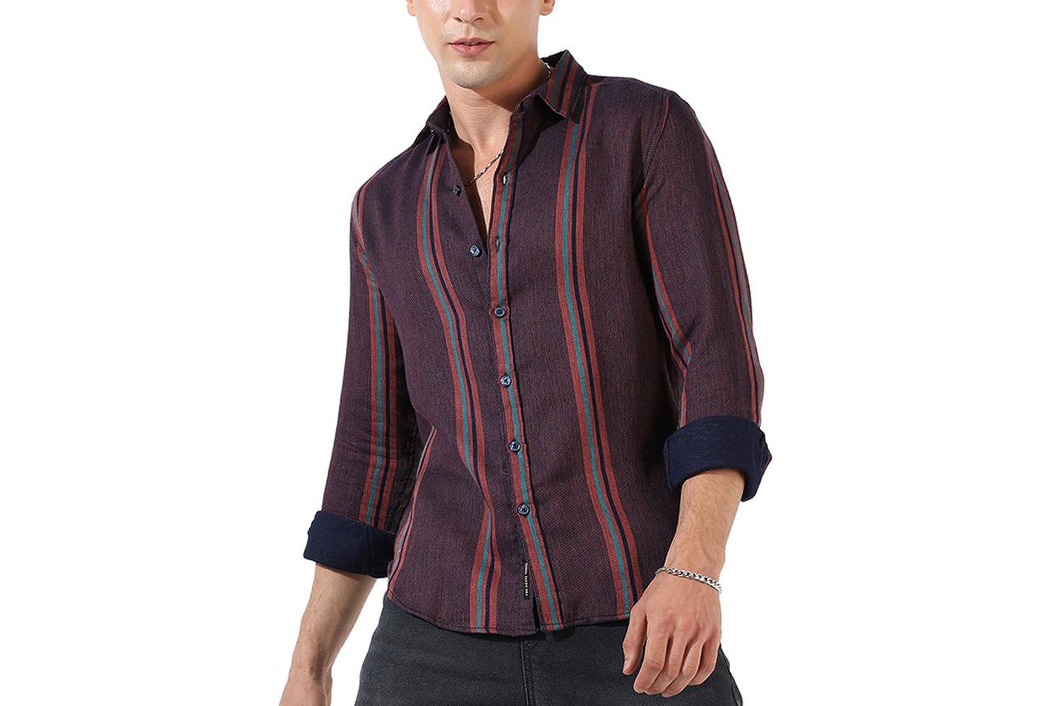 Men's Maroon Striped Regular Fit Casual Shirt