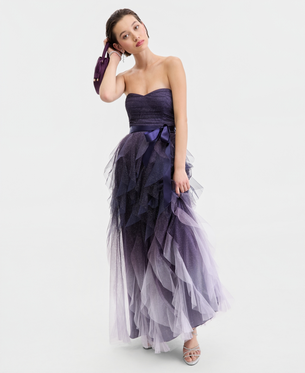 pear culture Juniors' Corkscrew-Ruffled Strapless Gown