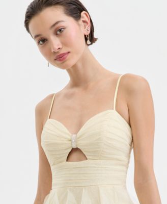 Juniors' Strappy Mesh Petal Ball Gown