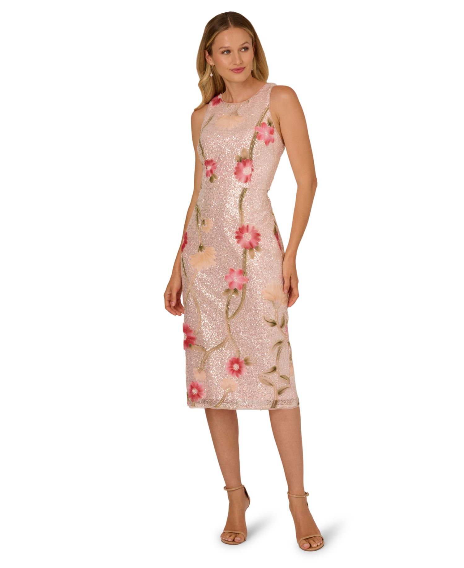 Adrianna Papell - Women's Sequin Detail Floral Column Sleeveless Dress