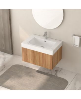 30" Bathroom Vanity – Wall-Mount Floating Cabinet, Acacia Plywood Finish, Integrated Sink & Basin