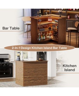L-Shaped Kitchen Island, with Storage Shelves & Wine Glass Holder, Brown