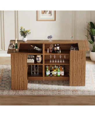 L-Shaped Kitchen Island, with Storage Shelves & Wine Glass Holder, Brown