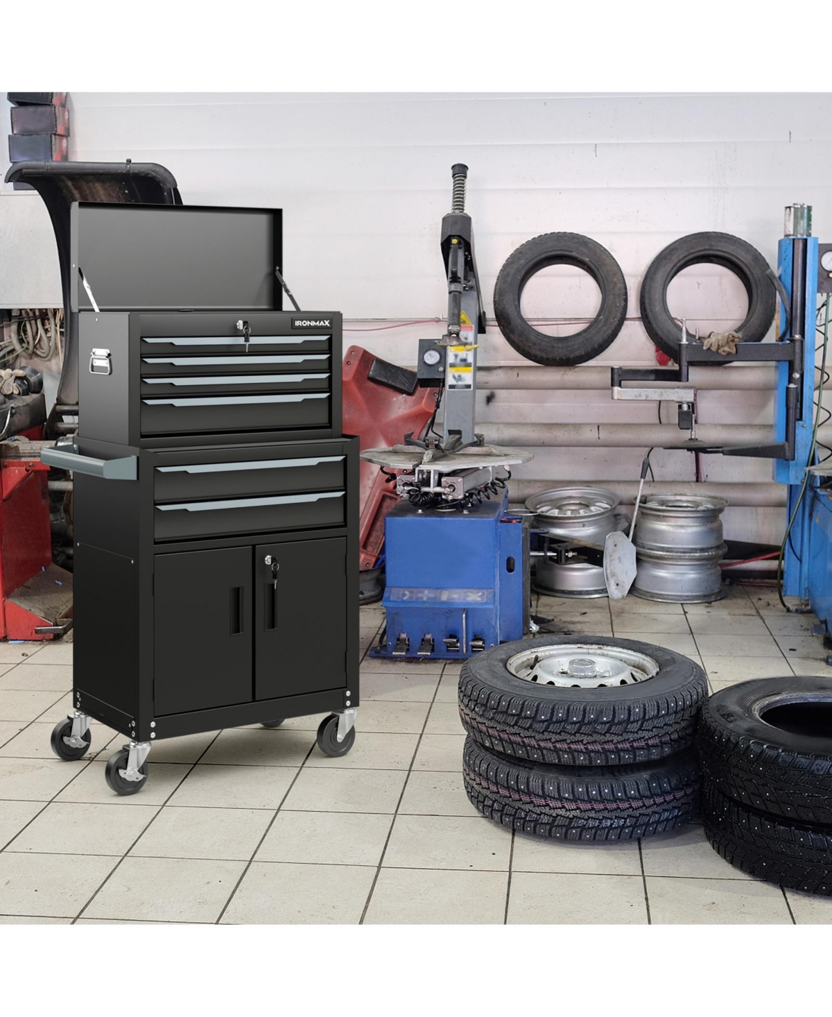 Sugift 6-Drawer Rolling Tool Storage Chest Cabinet with Universal Wheels and Hooks