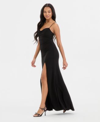 Juniors' Spaghetti Strap Cowlneck Slit Gown 