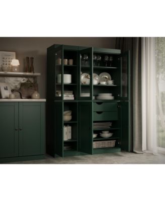 100% Solid Wood Pantry Cabinet, Shaker & Clear Glass Doors, 2 Drawers, Adjustable Shelves, 48.5" Wide, 71.5" Tall