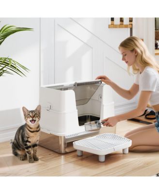 XL Stainless Steel Litter Box with 100&deg; Flip Top, Scoop, Step