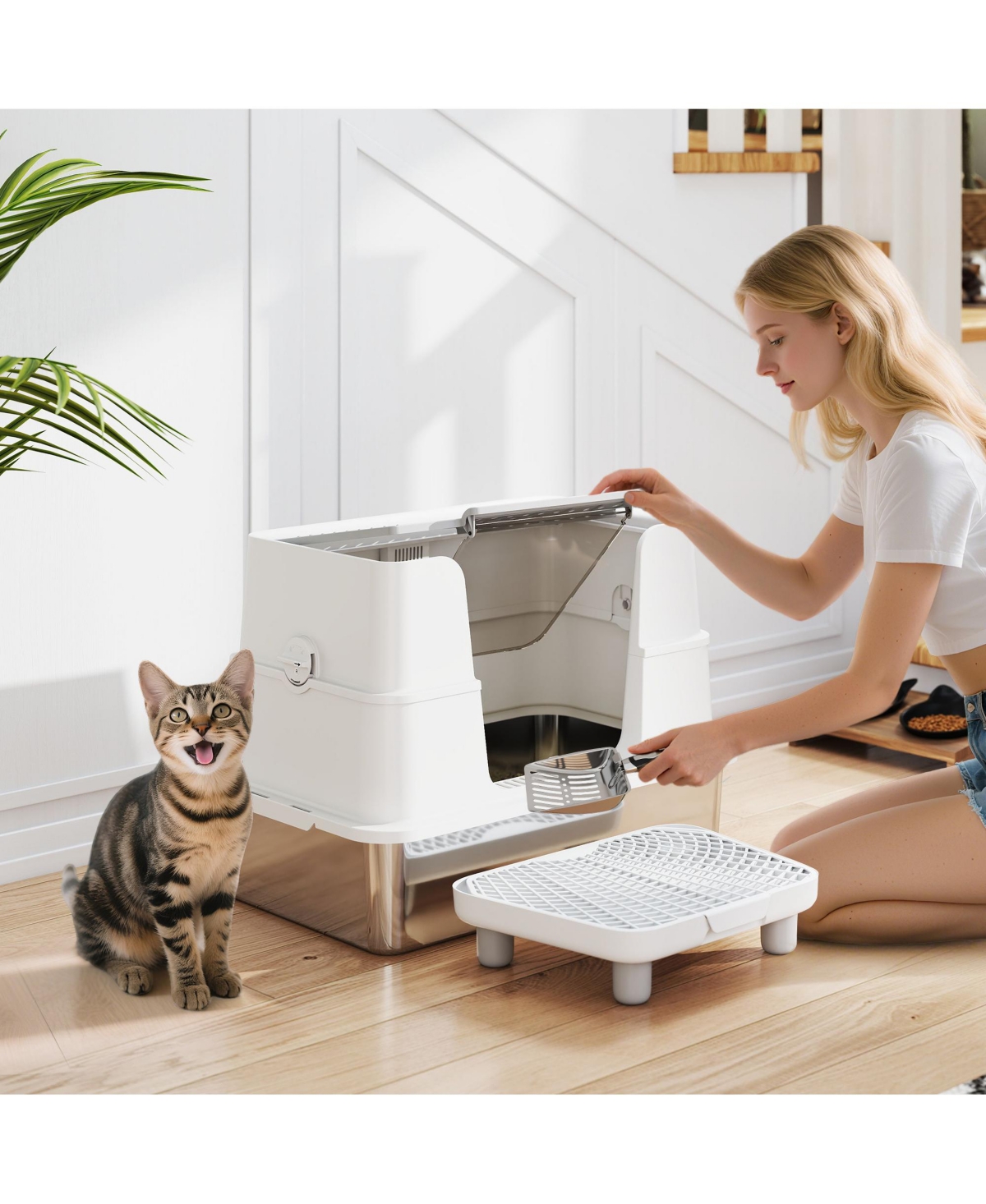 PawHut Xl Stainless Steel Litter Box with 100° Flip Top, Scoop, Step