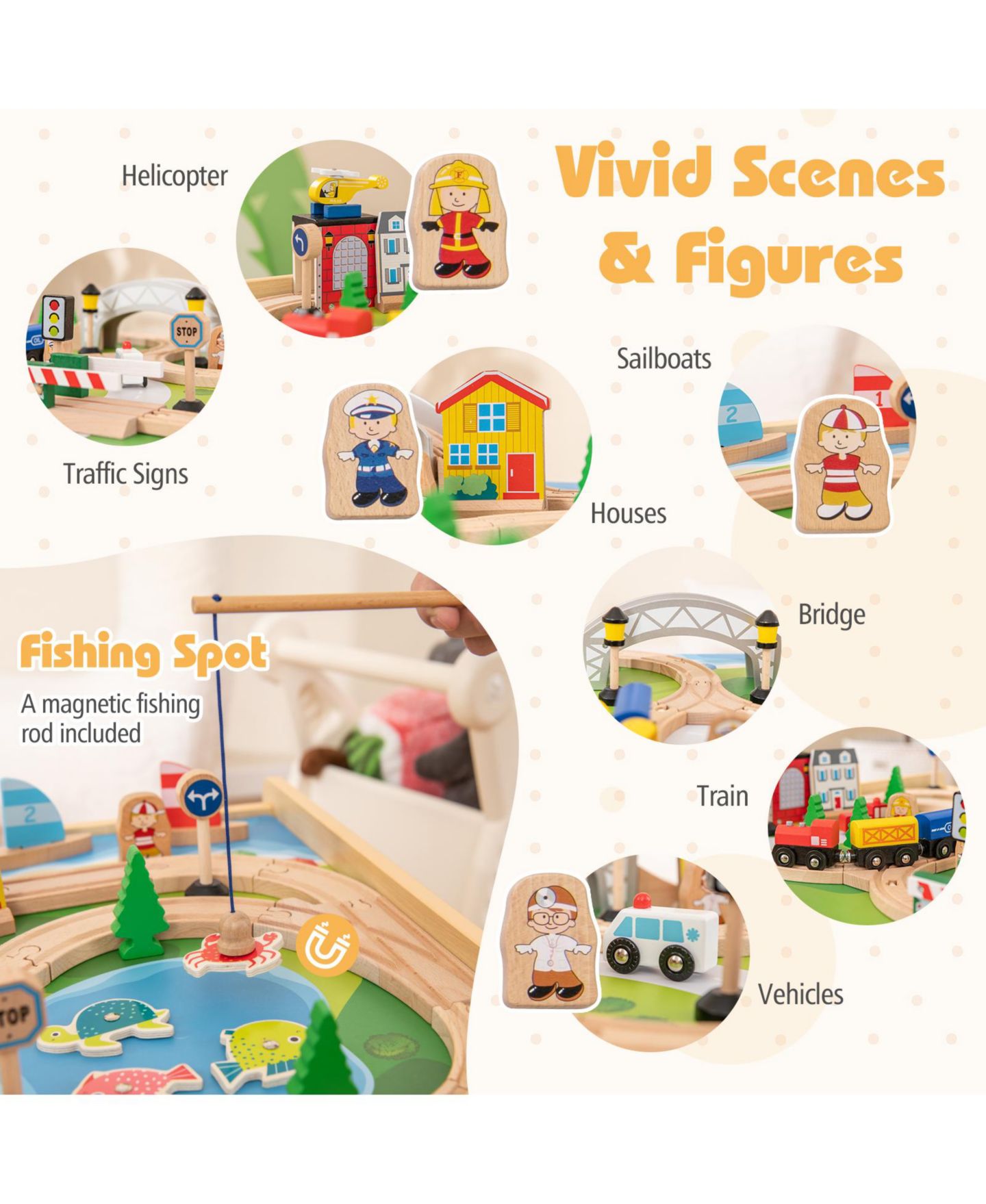 Детский игровой набор HONGGE 78-Piece Wooden Railway Train Playset, цвет: Натуральный — фото 7