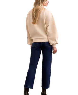 Women's French Terry Embroidered Drop Shoulder Crew Neck Top