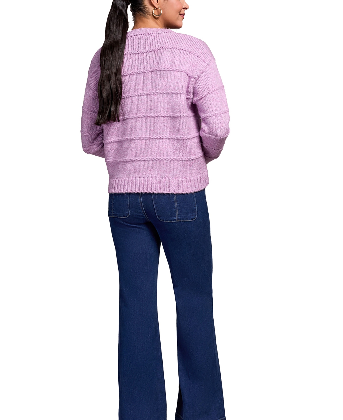 Tribal Women's Heathered Stripe Crew Neck Sweater In Purple