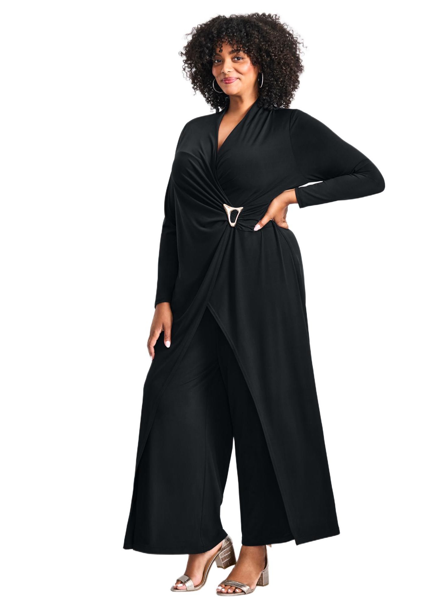Женский комбинезон AVENUE Plus Size Glamour Wrap Front Jumpsuit, цвет: Чёрный — фото 3
