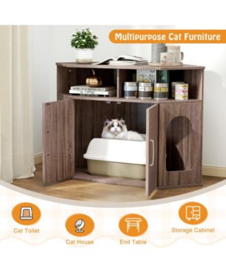 3-Tier Modern Corner Cat Litter Box Enclosure w/ Storage Shelves Double Doors