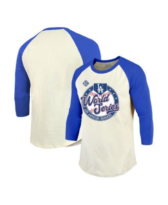 Majestic Threads - Men's Cream/Royal Los Angeles Dodgers 2025 World Series Soft hand Tri-Blend 3/4 Sleeve Raglan T-Shirt