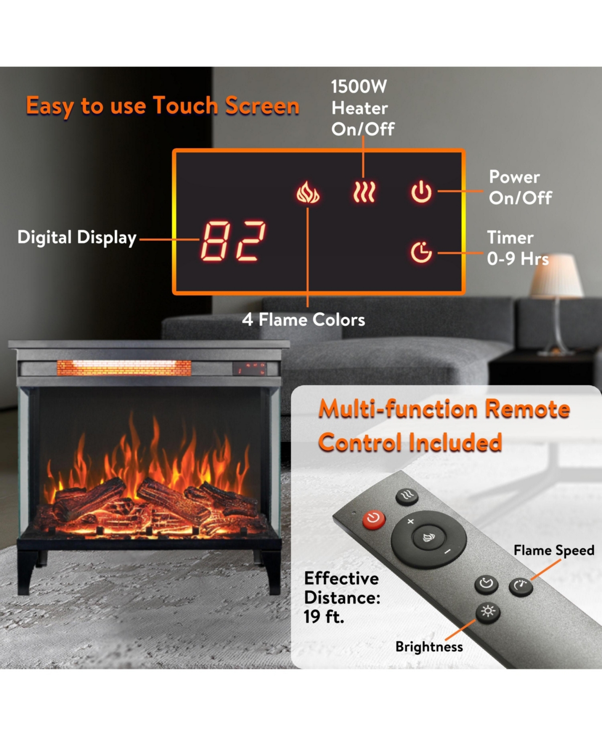 Flynama 24 inch three sided glass electric fireplace with feet