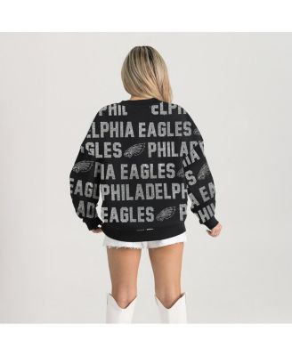 Women's Black Philadelphia Eagles Oversized Hype Era Rhinestone Text Sweatshirt