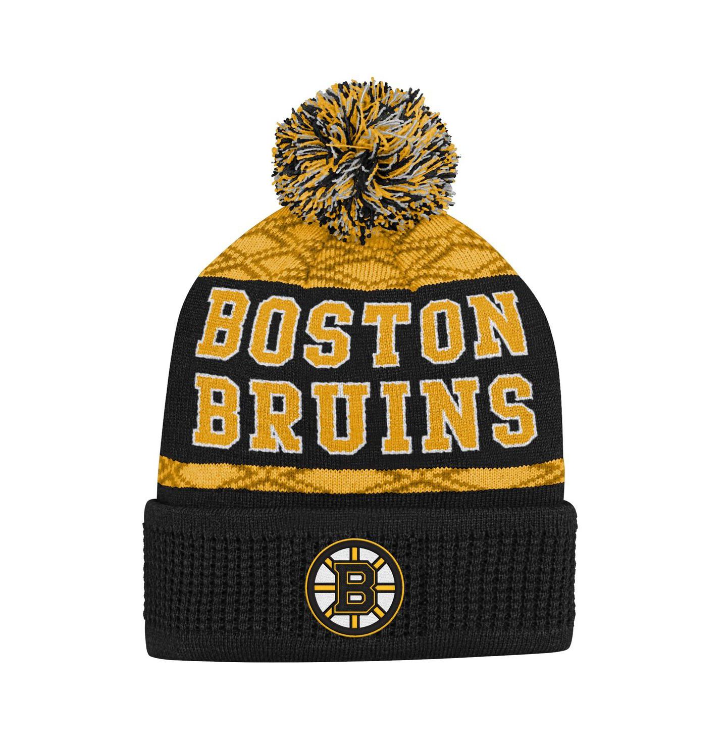 Детская шапка Outerstuff Gold Boston Bruins Puck Pattern Cuffed with Pom Knit Hat — фото 1