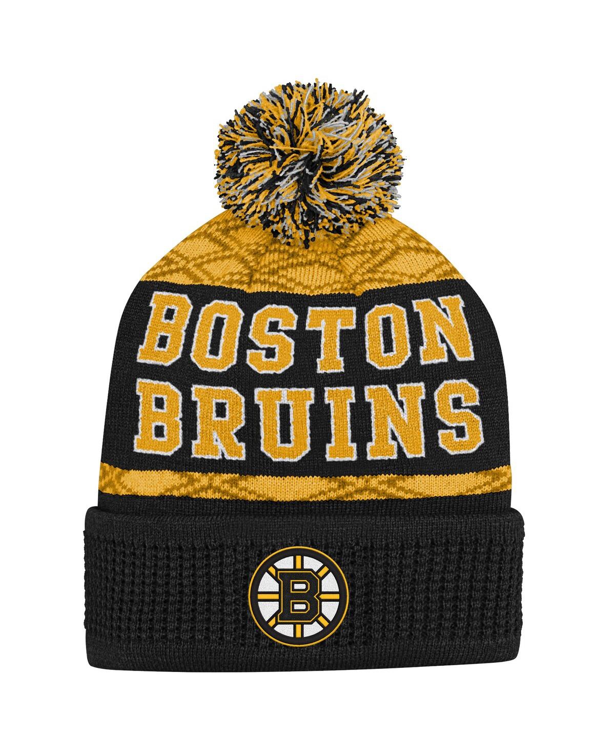 Outerstuff Big Boys and Girls Gold Boston Bruins Puck Pattern Cuffed with Pom Knit Hat