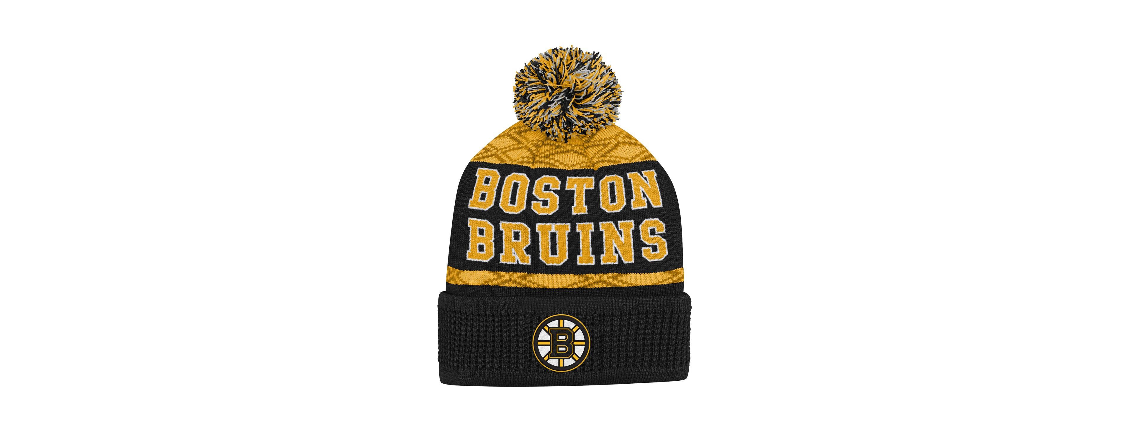 Outerstuff Big Boys and Girls Gold Boston Bruins Puck Pattern Cuffed with Pom Knit Hat