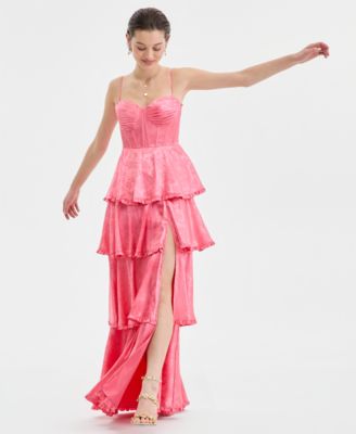 Juniors' Sweetheart-Neck Tiered Slit-Front Gown