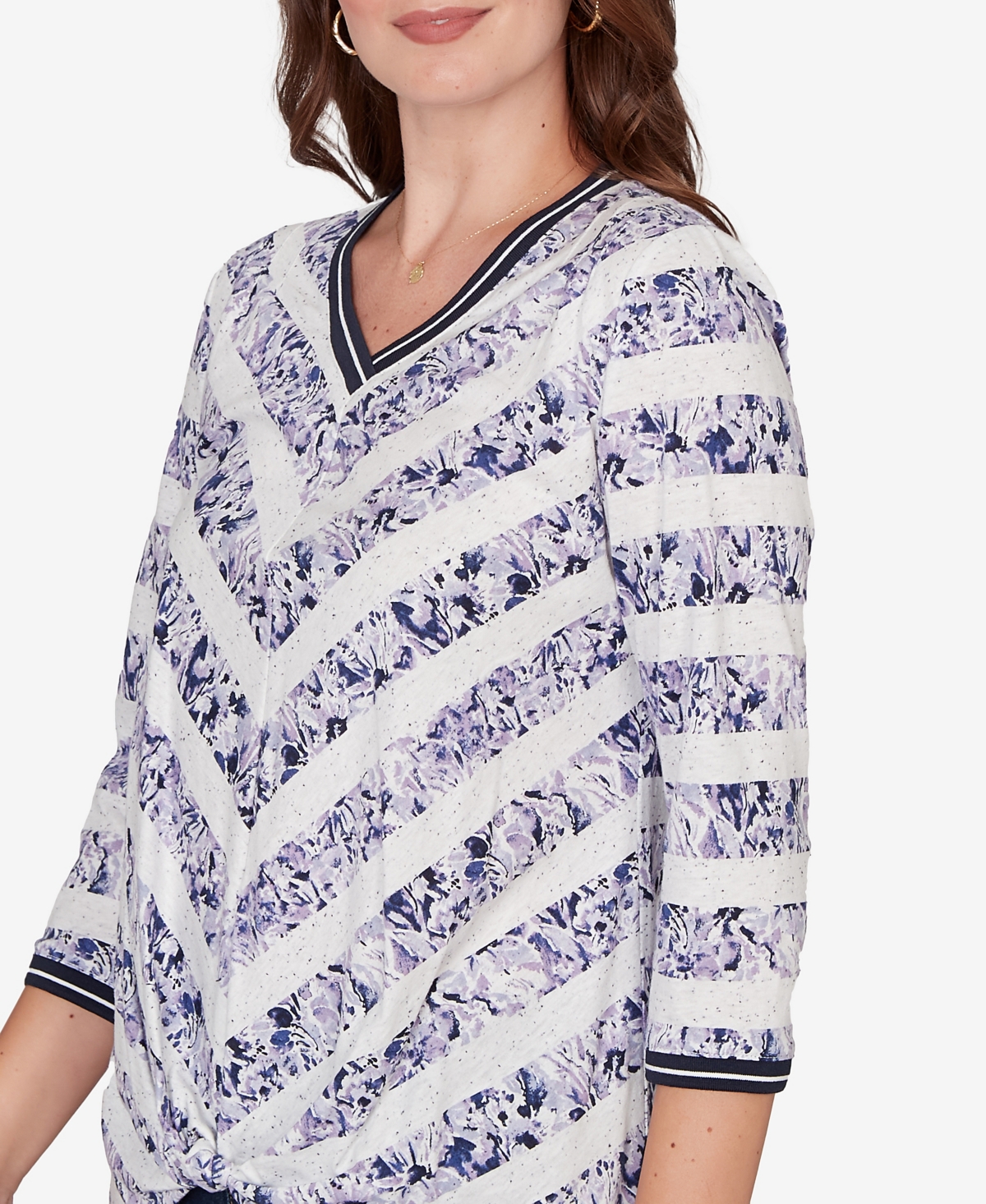 Ruby Rd. Petite Floral Stripe Twist Front Knit Top In Black