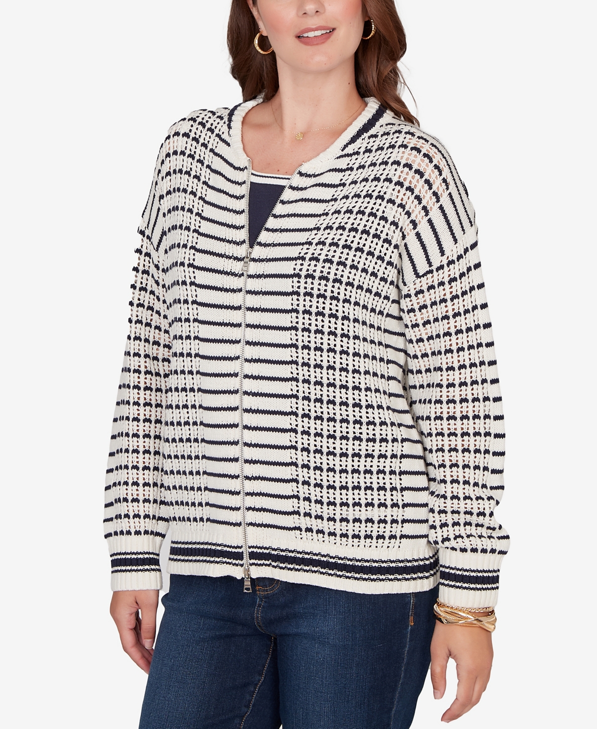 Ruby Rd. Petite Mesh Stitch Zip Sweater Jacket In White