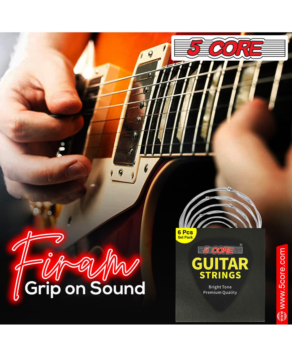 5 Core Guitar Strings; 0.010-0.048 Steel Gauge; w Deep Bright Tone; Consistent Feel for 6 String - Gs Ac