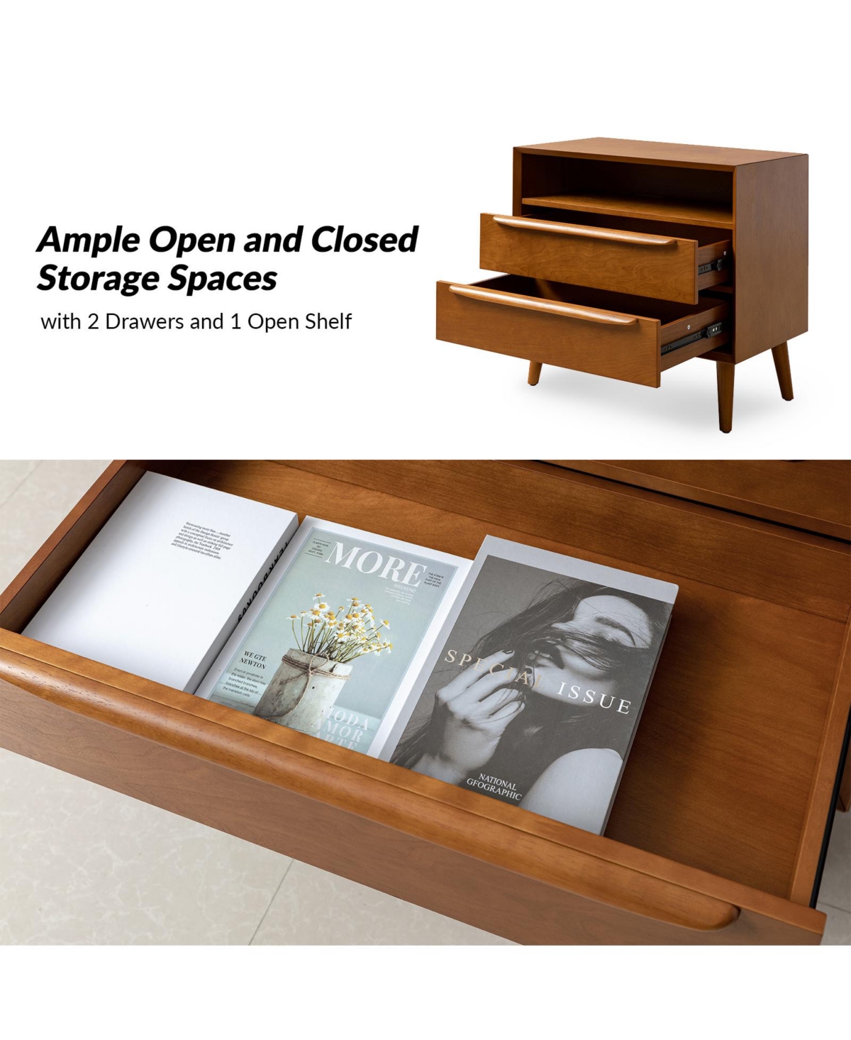 Hulala Home Kay Mid-century Modern 2 - Drawer Nightstand with Built-In Outlets