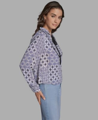 Women's Tie-Collar Long-Sleeve Printed Top